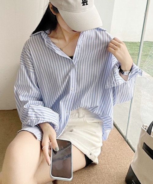 Diosfront（ディオスフロント）の「ストライプルーズシャツ（シャツ/ブラウス・レディース・ライトブルー/ブラック/ネイビー/ピンク/オレンジ・FREE）」の18枚目の写真