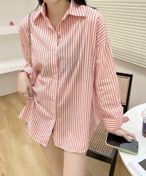 Diosfront（ディオスフロント）の「ストライプルーズシャツ（シャツ/ブラウス・レディース・ライトブルー/ブラック/ネイビー/ピンク/オレンジ・FREE）」の7枚目の写真