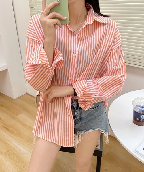 Diosfront（ディオスフロント）の「ストライプルーズシャツ（シャツ/ブラウス・レディース・ライトブルー/ブラック/ネイビー/ピンク/オレンジ・FREE）」の16枚目の写真