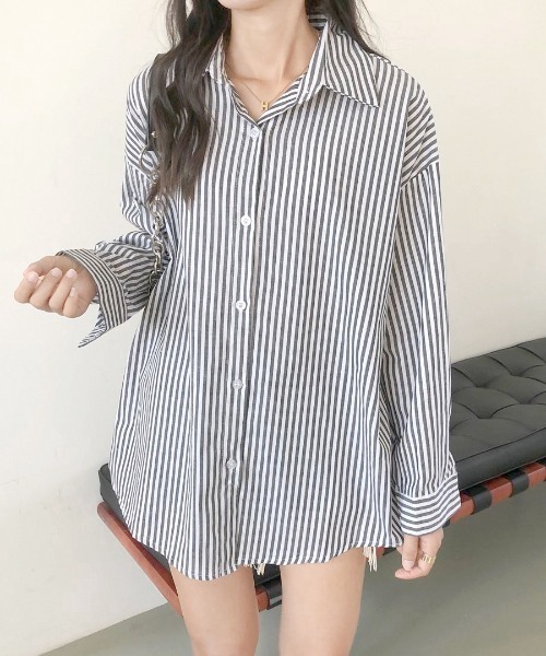 Diosfront（ディオスフロント）の「ストライプルーズシャツ（シャツ/ブラウス・レディース・ライトブルー/ブラック/ネイビー/ピンク/オレンジ・FREE）」の11枚目の写真