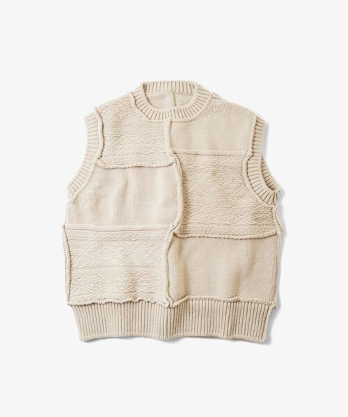 Name.（ネーム）の「PATCHWORK KNIT VEST（ベスト・メンズ・ネイビー/ベージュ・1）」の2枚目の写真