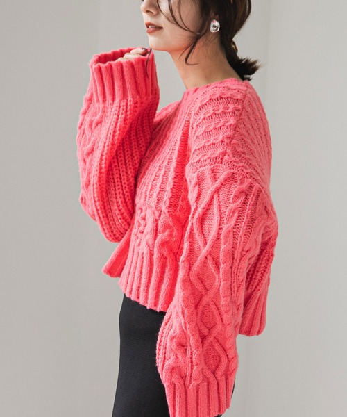 rectangle（レクタングル）の「ワイドスリーブケーブルニット（ニット/セーター・レディース・ホワイト/ピンク/キャメル・FREE）」の3枚目の写真
