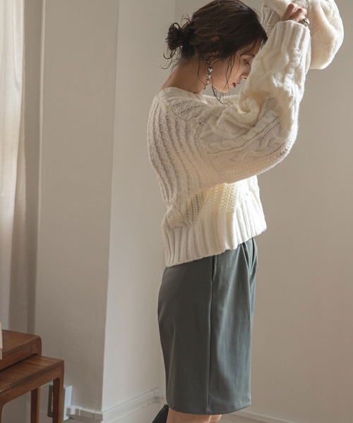 rectangle（レクタングル）の「ワイドスリーブケーブルニット（ニット/セーター・レディース・ホワイト/ピンク/キャメル・FREE）」の4枚目の写真