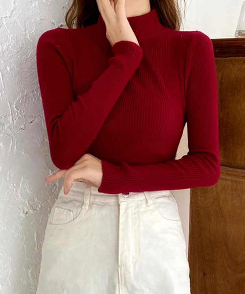 VitaFelice(ヴィータフェリーチェ)の「ハーフネックリブニット(ニット/セーター・レディース・パープル/ベージュ系その他/キャメル/ブルー/ホワイト/グレー/レッド/ピンク/イエロー/ブラック/グリーン/ライトグリーン/ベージュ・FREE)」の13枚目の写真