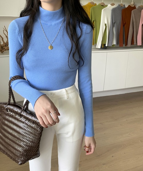 VitaFelice(ヴィータフェリーチェ)の「ハーフネックリブニット(ニット/セーター・レディース・パープル/ベージュ系その他/キャメル/ブルー/ホワイト/グレー/レッド/ピンク/イエロー/ブラック/グリーン/ライトグリーン/ベージュ・FREE)」の8枚目の写真