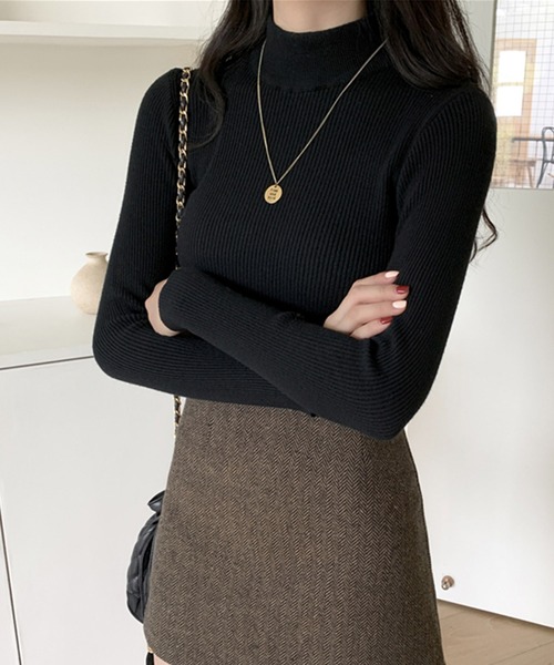 VitaFelice(ヴィータフェリーチェ)の「ハーフネックリブニット(ニット/セーター・レディース・パープル/ベージュ系その他/キャメル/ブルー/ホワイト/グレー/レッド/ピンク/イエロー/ブラック/グリーン/ライトグリーン/ベージュ・FREE)」の3枚目の写真