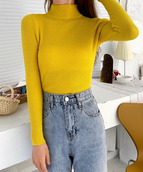 VitaFelice(ヴィータフェリーチェ)の「ハーフネックリブニット(ニット/セーター・レディース・パープル/ベージュ系その他/キャメル/ブルー/ホワイト/グレー/レッド/ピンク/イエロー/ブラック/グリーン/ライトグリーン/ベージュ・FREE)」の15枚目の写真