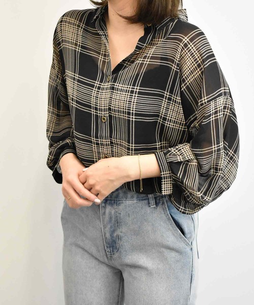 RANAN（ラナン）の「ボリュームスリーブチェックシアーシャツ（シャツ/ブラウス・レディース・ベージュ/ブラック/ネイビー/グリーン・L/LL/M）」の18枚目の写真