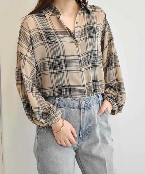 RANAN（ラナン）の「ボリュームスリーブチェックシアーシャツ（シャツ/ブラウス・レディース・ベージュ/ブラック/ネイビー/グリーン・L/LL/M）」の21枚目の写真