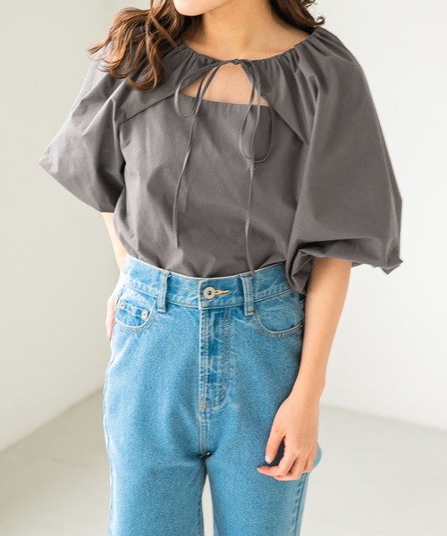 Heather（ヘザー）の「オープンネックブラウス（5分袖）　276362（シャツ/ブラウス・レディース・チャコールグレー/オレンジ/オフホワイト・FREE）」の3枚目の写真