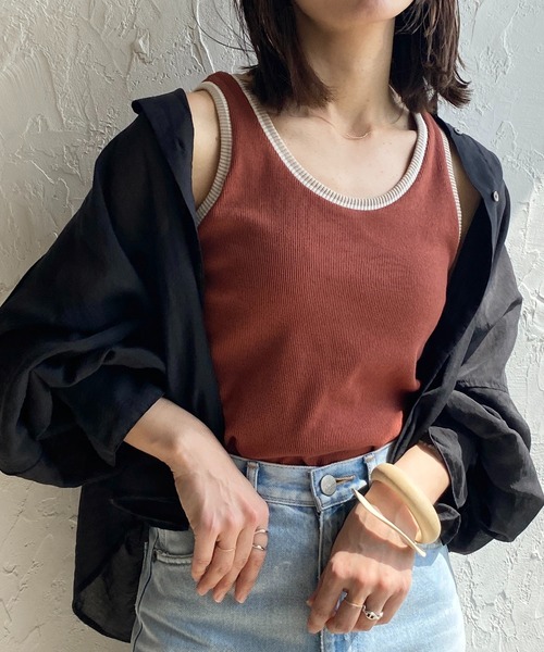 She's Closet(シーズクローゼット)の「配色ラインリブアメスリタンクトップコットンインナートップス(タンクトップ・レディース・ブラック/オレンジ/グリーン/アイボリー・FREE)」の2枚目の写真