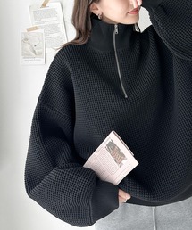 《JaVaジャバ コラボ》レトロ可愛い。マルチボーダー軽量ワッフルハーフジップオーバーサイズニット