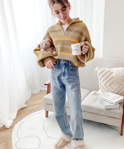 《JaVaジャバコラボ》冬の決定版。マルチボーダー軽量ワッフルハーフジップニット