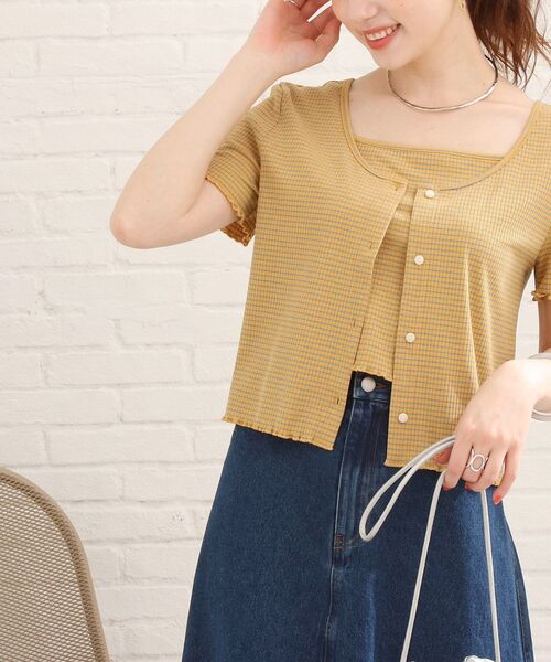 Cutie Blonde（キューティーブロンド）の「◆【S-L/2点セット】カラーボーダー半袖アンサンブル（アンサンブル・レディース・キャメル/ライトグリーン系2/イエロー系2/ホワイト系5/グリーン/ブラック・01/02/03）」の6枚目の写真