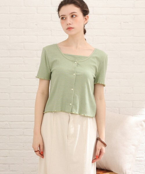 Cutie Blonde（キューティーブロンド）の「◆【S-L/2点セット】カラーボーダー半袖アンサンブル（アンサンブル・レディース・キャメル/ライトグリーン系2/イエロー系2/ホワイト系5/グリーン/ブラック・01/02/03）」の17枚目の写真