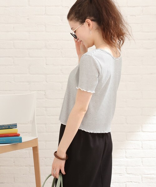 Cutie Blonde（キューティーブロンド）の「◆【S-L/2点セット】カラーボーダー半袖アンサンブル（アンサンブル・レディース・キャメル/ライトグリーン系2/イエロー系2/ホワイト系5/グリーン/ブラック・01/02/03）」の19枚目の写真