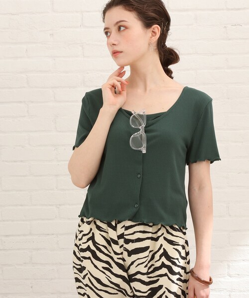 Cutie Blonde（キューティーブロンド）の「◆【S-L/2点セット】カラーボーダー半袖アンサンブル（アンサンブル・レディース・キャメル/ライトグリーン系2/イエロー系2/ホワイト系5/グリーン/ブラック・01/02/03）」の20枚目の写真