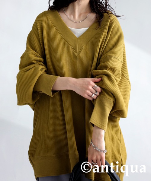 antiqua（アンティカ）の「一枚で垢抜け！針抜きテレコリブトップス（Tシャツ/カットソー・レディース・アイボリー/ブラック/マスタード・FREE）」の3枚目の写真