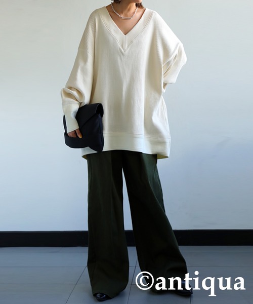 antiqua（アンティカ）の「一枚で垢抜け！針抜きテレコリブトップス（Tシャツ/カットソー・レディース・アイボリー/ブラック/マスタード・FREE）」の19枚目の写真