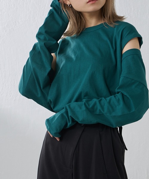 Lui's(ルイス)の「アンサンブルデザイントップス(Tシャツ/カットソー・レディース・オフホワイト/ブラック/グリーン・FREE)」の1枚目の写真