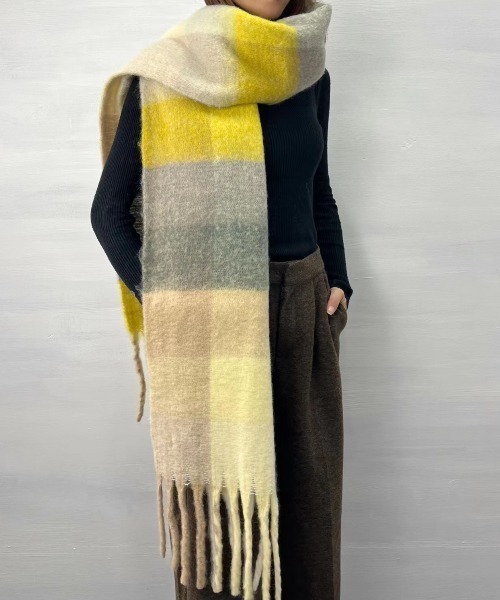 aunt lily（アントリリー）の「ふんわりヘアリー大判シャギーチェックマフラー（マフラー・レディース・イエロー/オレンジ/グリーン/ブラウン/ピンク/ライトピンク/グレー・FREE）」の22枚目の写真