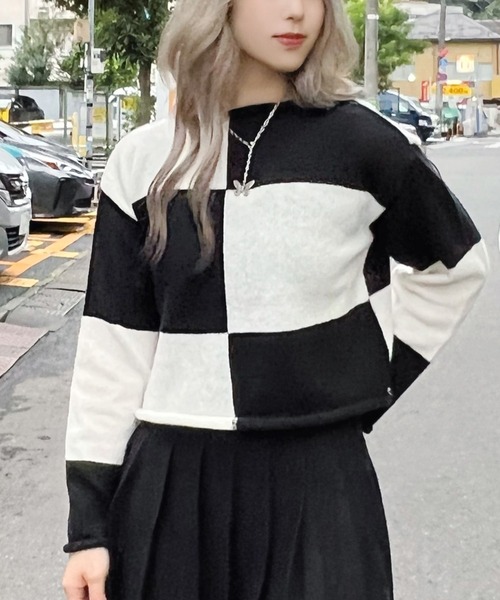 Figments(フィグメンツ)の「ブロックチェッククロップドニット(ニット/セーター・レディース・ブラック系その他・FREE)」の1枚目の写真