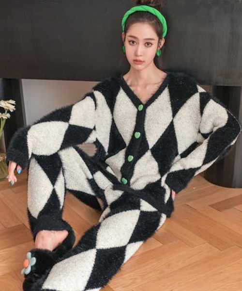 ダイヤ柄ニットカーディガンルームウェア