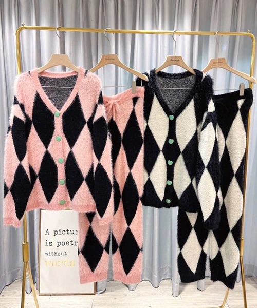 ダイヤ柄ニットカーディガンルームウェア