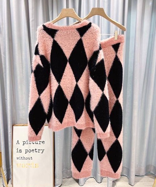 ダイヤ柄ニットカーディガンルームウェア