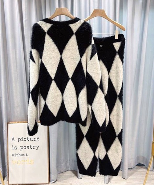 ダイヤ柄ニットカーディガンルームウェア