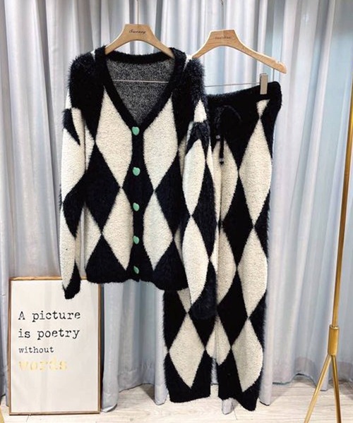 ダイヤ柄ニットカーディガンルームウェア