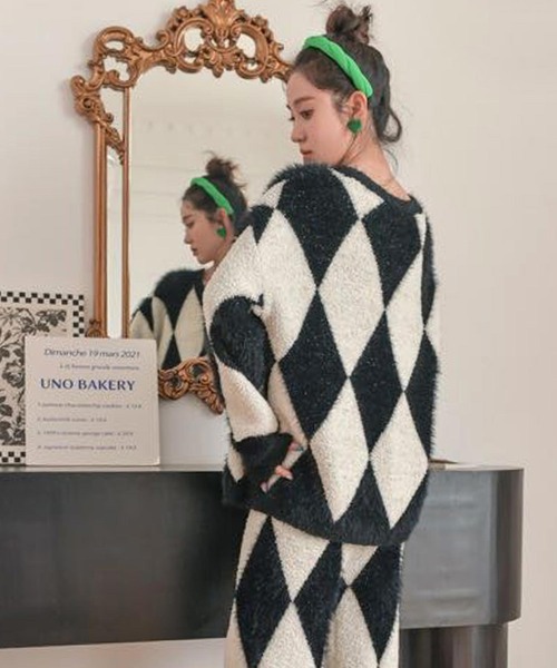 ダイヤ柄ニットカーディガンルームウェア