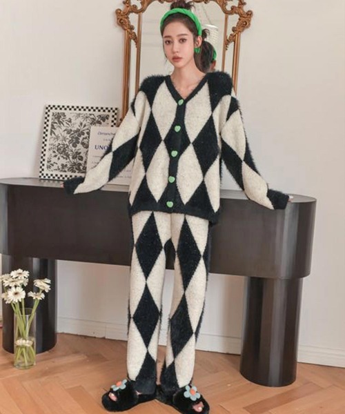 ダイヤ柄ニットカーディガンルームウェア