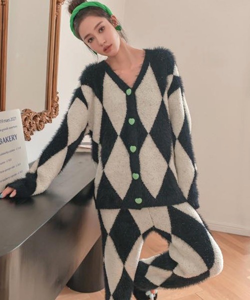ダイヤ柄ニットカーディガンルームウェア