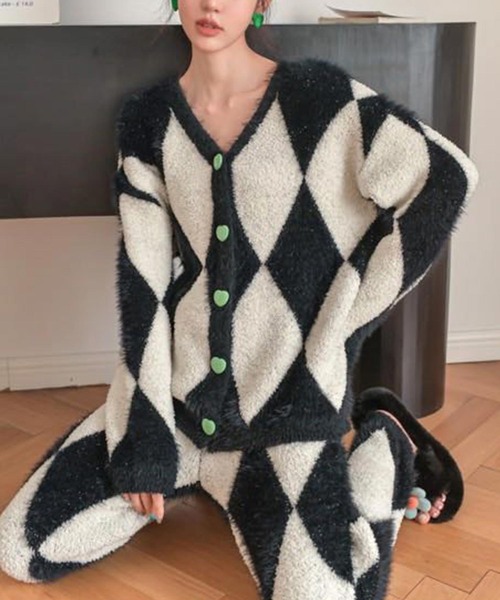 ダイヤ柄ニットカーディガンルームウェア
