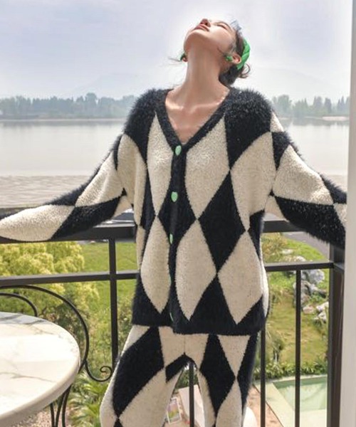 ダイヤ柄ニットカーディガンルームウェア