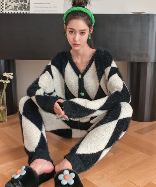 ダイヤ柄ニットカーディガンルームウェア