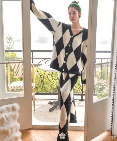 ダイヤ柄ニットカーディガンルームウェア