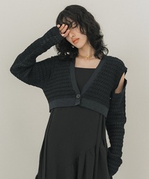 【洗える】アームスリットリブショートカーディガン/ボレロ