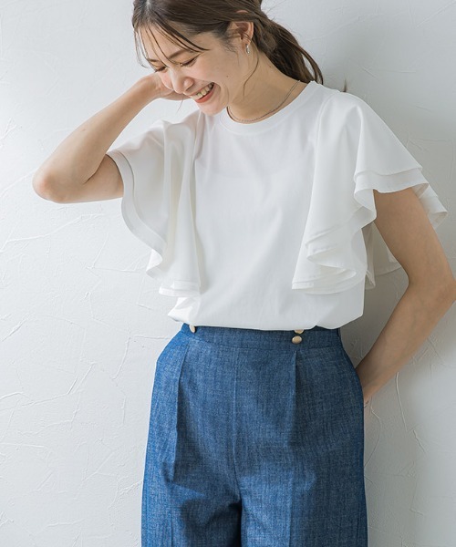 Pierrot(ピエロ)の「フリルスリーブTシャツ(Tシャツ/カットソー・レディース・ブラック/オフホワイト・M/L)」の3枚目の写真