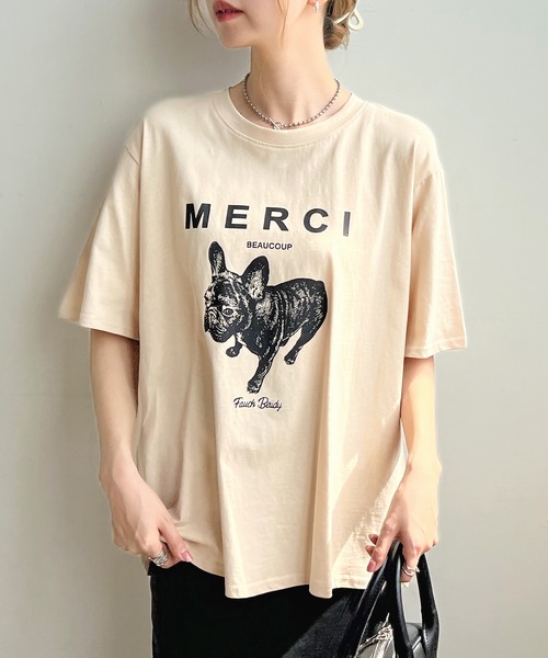 Futier land(フューティアランド)の「【綿100%】半袖MERCIロゴTシャツ(Tシャツ/カットソー・レディース・ホワイト/ベージュ/ブラック/杢グレー・FREE)」の4枚目の写真