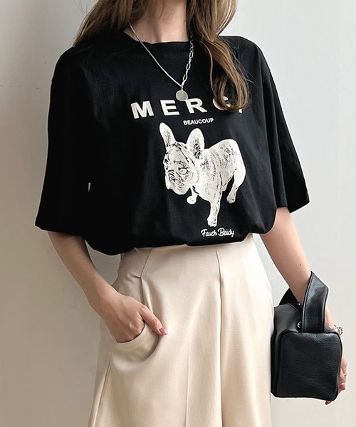 Futier land(フューティアランド)の「【綿100%】半袖MERCIロゴTシャツ(Tシャツ/カットソー・レディース・ホワイト/ベージュ/ブラック/杢グレー・FREE)」の9枚目の写真