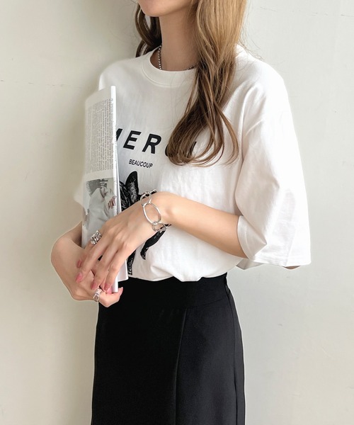 Futier land(フューティアランド)の「【綿100%】半袖MERCIロゴTシャツ(Tシャツ/カットソー・レディース・ホワイト/ベージュ/ブラック/杢グレー・FREE)」の5枚目の写真