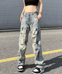 ユニセックス ヴィンテージ風ペイントダメージデニム culw457
