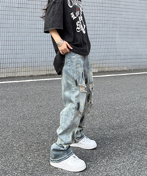 c.u.l(シーユーエル)の「ユニセックス ヴィンテージ風ペイントダメージデニム culw457(デニムパンツ・レディース・ライトブルー・L/M/XL)」の3枚目の写真