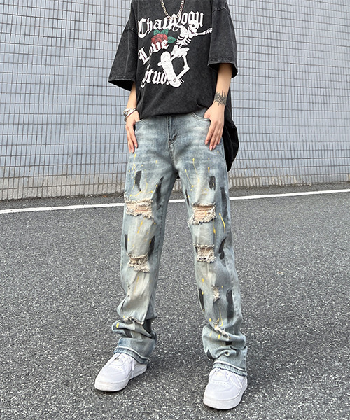 c.u.l(シーユーエル)の「ユニセックス ヴィンテージ風ペイントダメージデニム culw457(デニムパンツ・レディース・ライトブルー・L/M/XL)」の4枚目の写真
