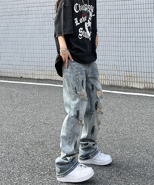 c.u.l(シーユーエル)の「ユニセックス ヴィンテージ風ペイントダメージデニム culw457(デニムパンツ・レディース・ライトブルー・L/M/XL)」の6枚目の写真