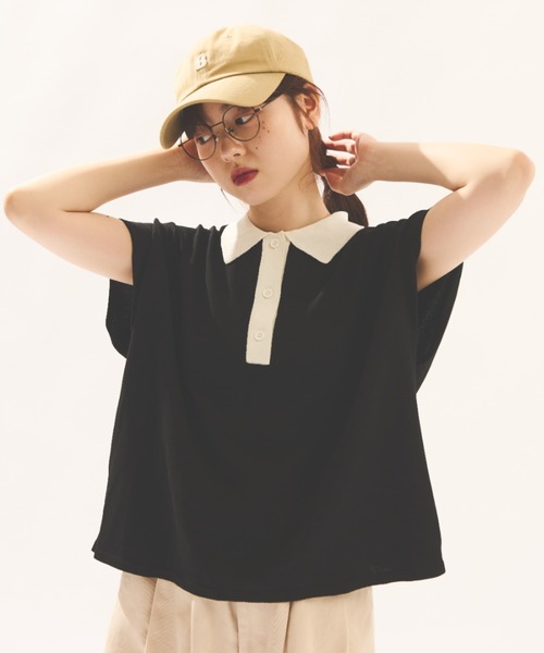 MERLOT（メルロー）の「配色ニットポロトップス（ポロシャツ・レディース・ブラック/ナチュラル・FREE）」の12枚目の写真