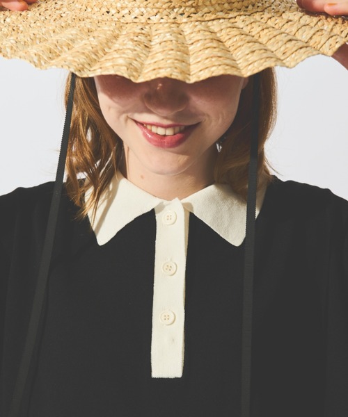 MERLOT（メルロー）の「配色ニットポロトップス（ポロシャツ・レディース・ブラック/ナチュラル・FREE）」の3枚目の写真