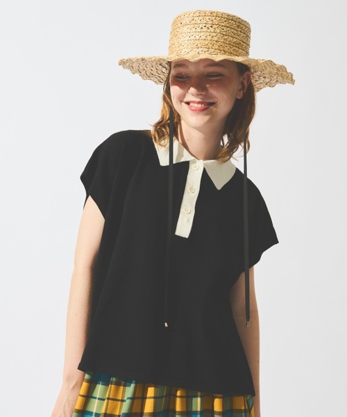 MERLOT（メルロー）の「配色ニットポロトップス（ポロシャツ・レディース・ブラック/ナチュラル・FREE）」の4枚目の写真